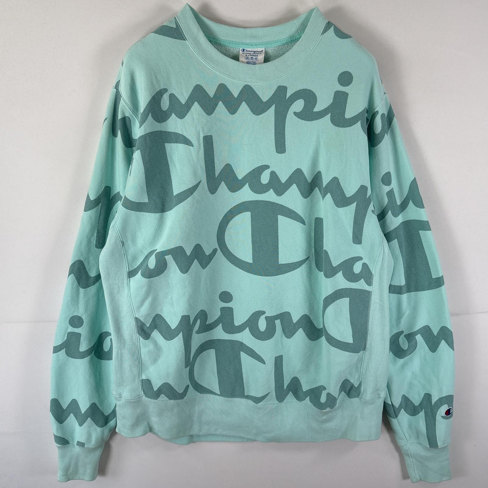 古着 チャンピオン Champion スウェット リバースウィーブ トレーナー プルオーバー  大きいサイズ ビッグロゴプリント 総柄 クルーネック XL  グリーン系 メンズ