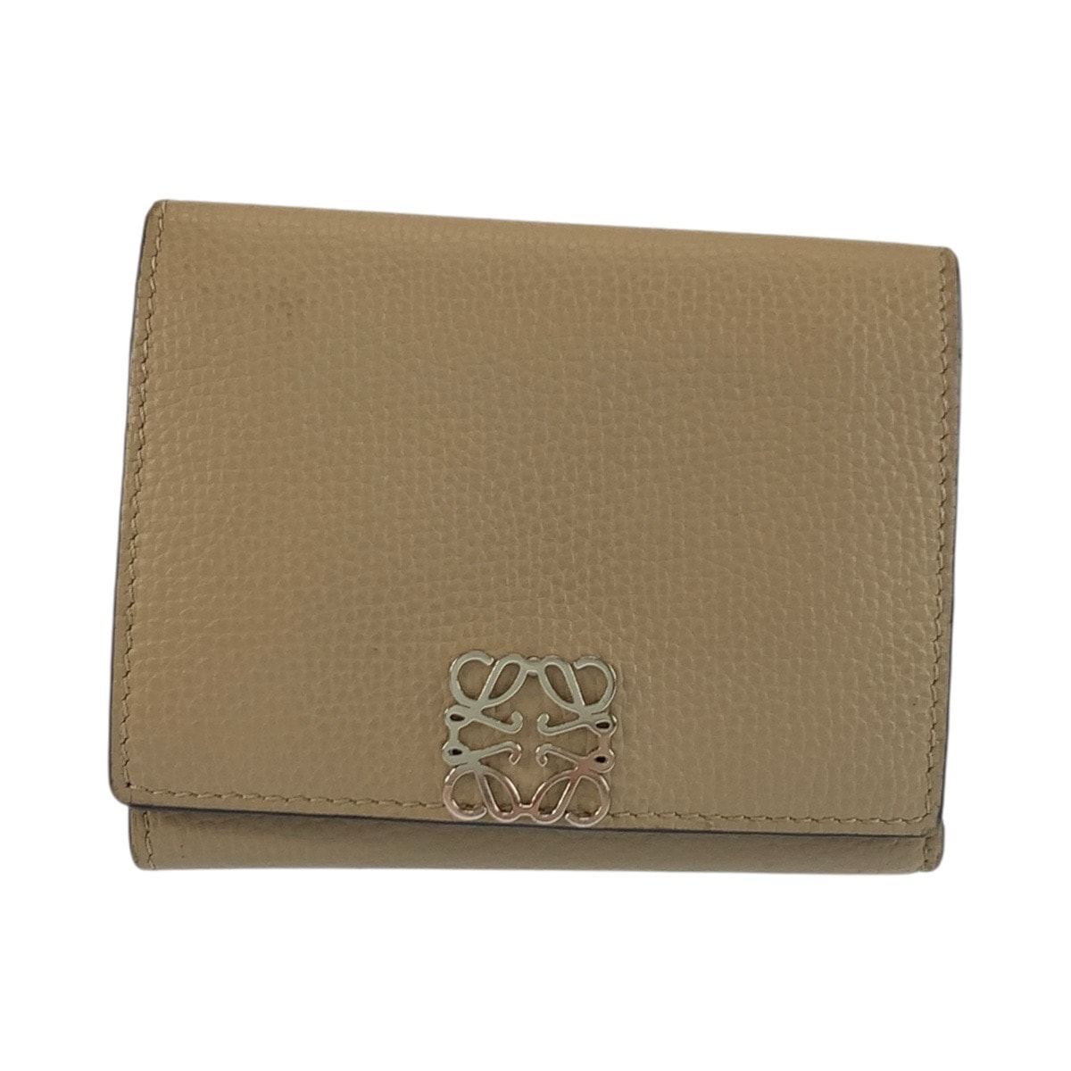 美品 LOEWE ロエベ アナグラム ベージュ シルバー金具 レザー 折財布 トライフォールドウォレット 603996 【中古】
