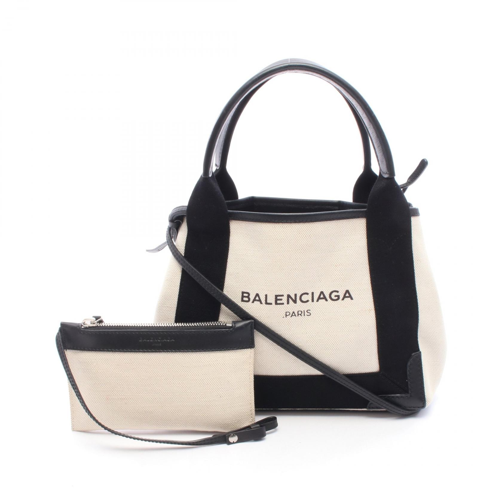 バレンシアガ BALENCIAGA ネイビーカバ XS 2WAY ハンドバッグ バッグ キャンバス レザー レディース ベージュ系 / ブラック系 390346 【中古】