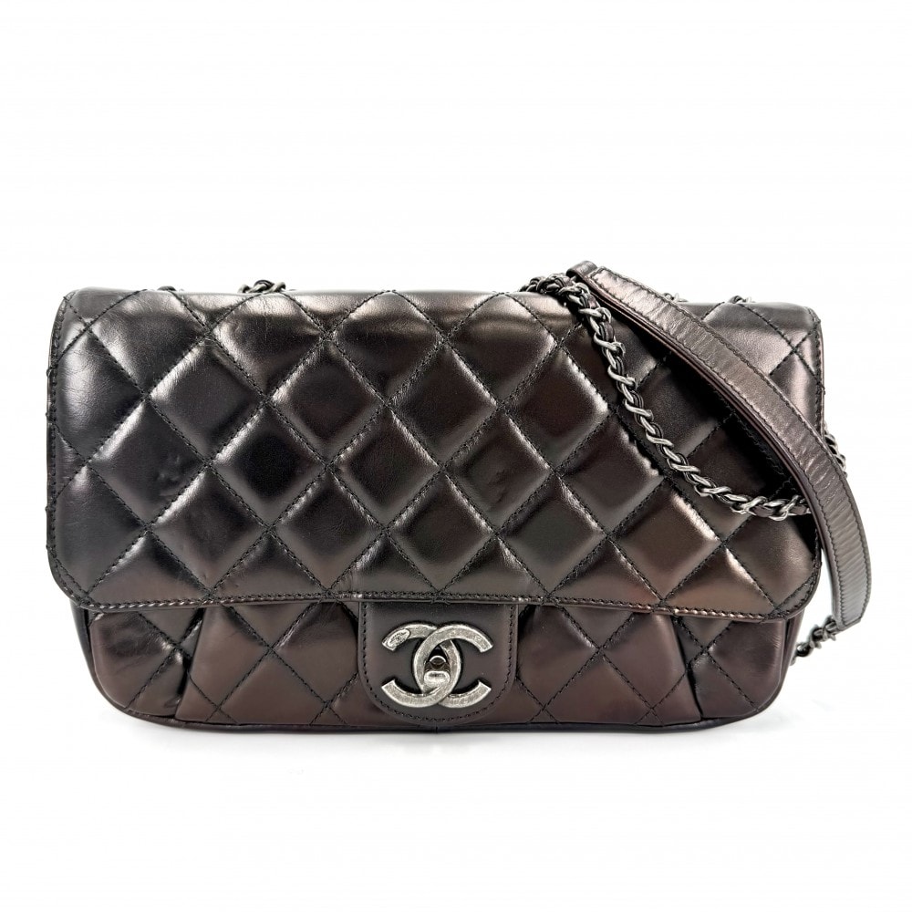 CHANEL シャネル ショルダーバッグ マトラッセ ココマーク ダブルチェーン 肩掛け 斜め掛け レザー    ブラウン系 マットシルバー金具 レディース【中古品】