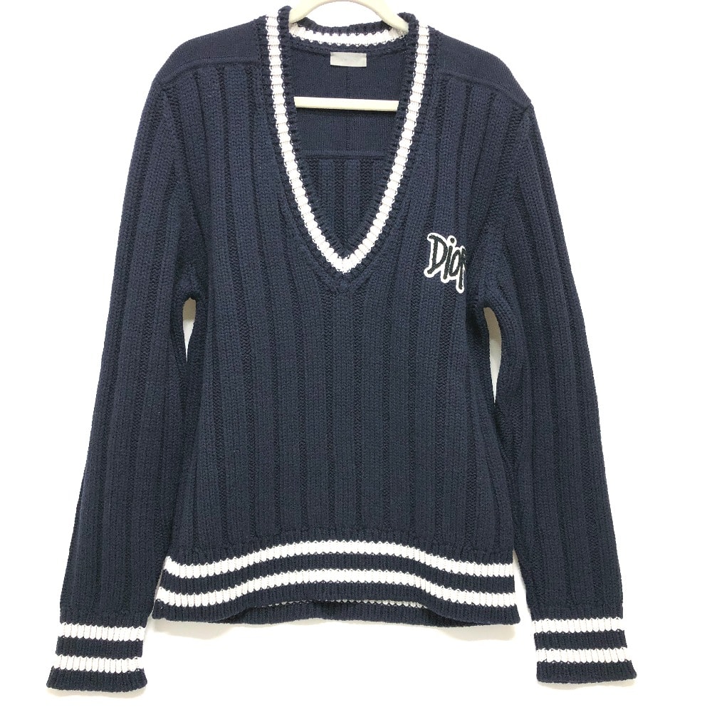 ディオール Dior ショーンステューシー 033M630AT171 ロゴ 長袖 ニット セーター ウール ネイビー×ホワイト