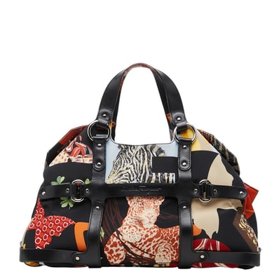 サルヴァトーレフェラガモ アニマル フラワー ハンドバッグ ブラック マルチカラー ナイロン レザー レディース Salvatore Ferragamo 【中古】