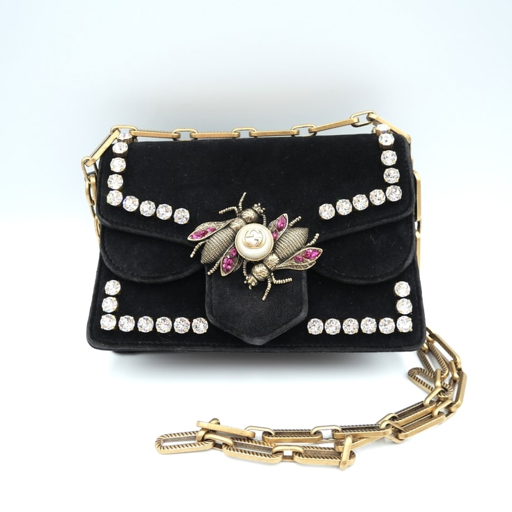 GUCCI(グッチ)ブロードウェイ ビー ショルダーバッグ ブラック ベルベット クリスタル装飾 チェーン ゴールド レディース【中古】