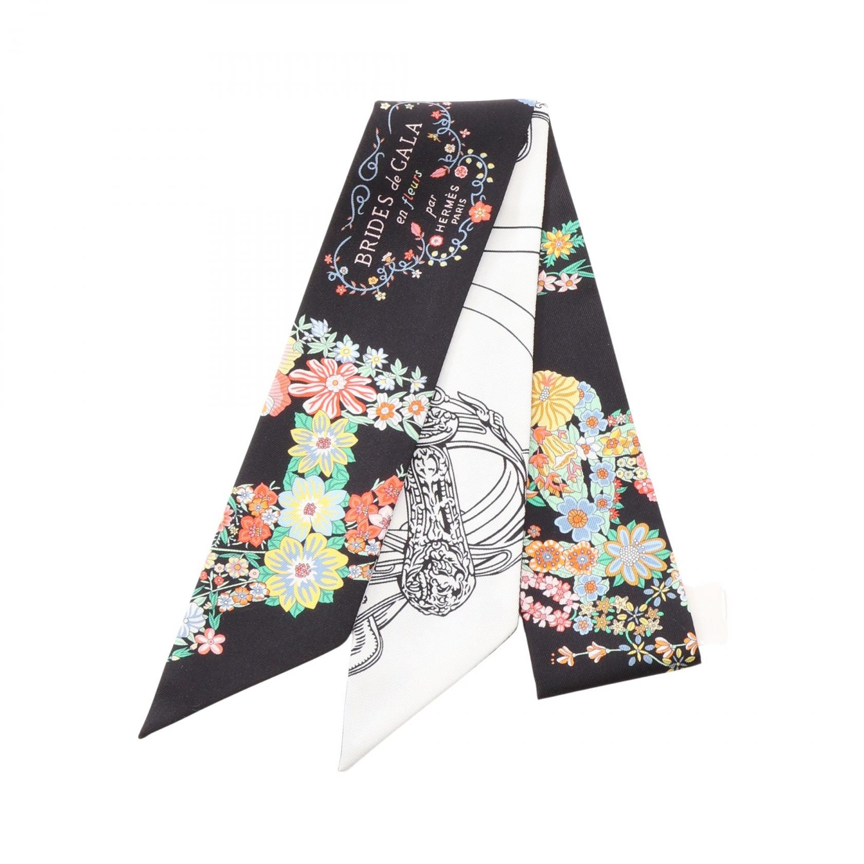 エルメス HERMES ツイリー Brides de Gala en Fleurs アイライナー リボン スカーフ 衣料品 シルク シルク ホワイト レディース ブラック系 / ホワイト系 / マルチカラー 【中古】