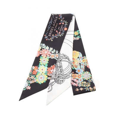エルメス HERMES ツイリー Brides de Gala en Fleurs アイライナー リボン スカーフ 衣料品 シルク シルク ホワイト レディース ブラック系 / ホワイト系 / マルチカラー 【中古】