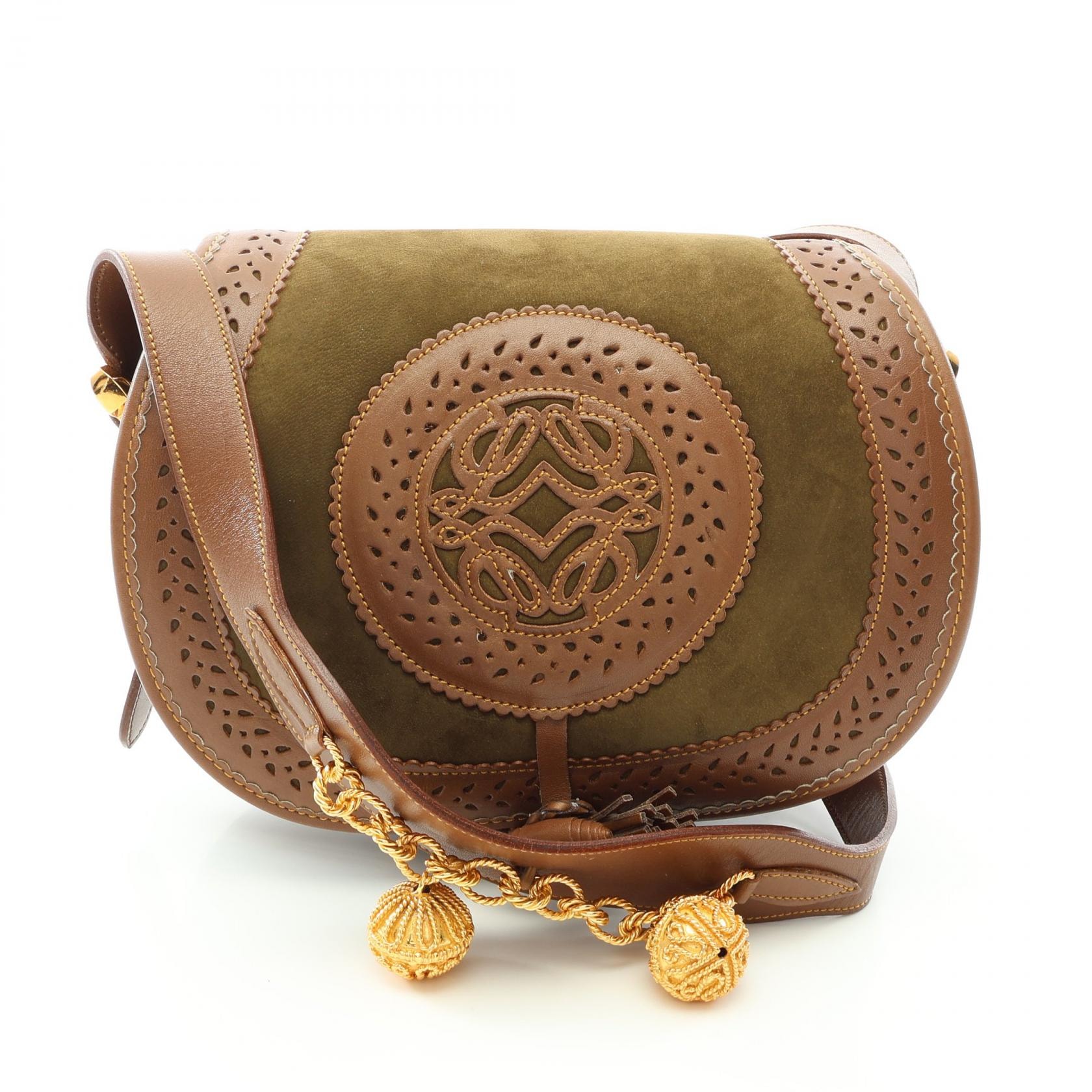 ロエベ LOEWE セビリアコレクション アナグラム ショルダーバッグ バッグ スウェード レザー レディース カーキ系 / ブラウン系 【中古】