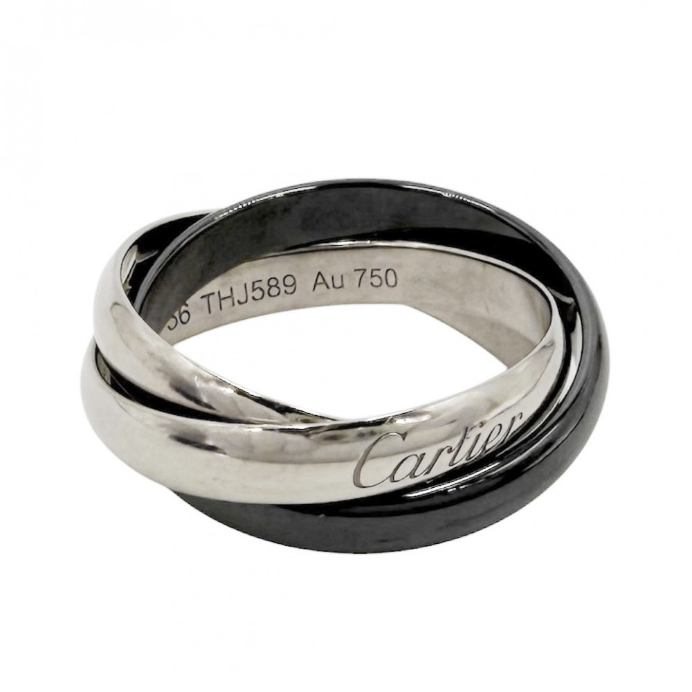 CARTIER カルティエ 指輪 トリニティリング アクセサリー ジュエリー Au750 18金WG 56サイズ K18ホワイトゴールド セラミック 約16号 ブラック 黒 シルバー レディース 約7.3g【中古品】