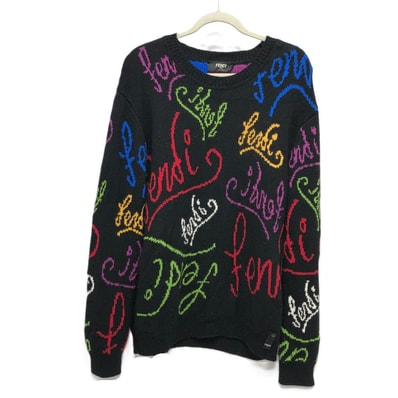 フェンディ FENDI ロゴマルチカラー FZY463 AH3E 21AW アパレル ARTIST ALLOVER ニット クルーネック トップス セーター コットン ブラック