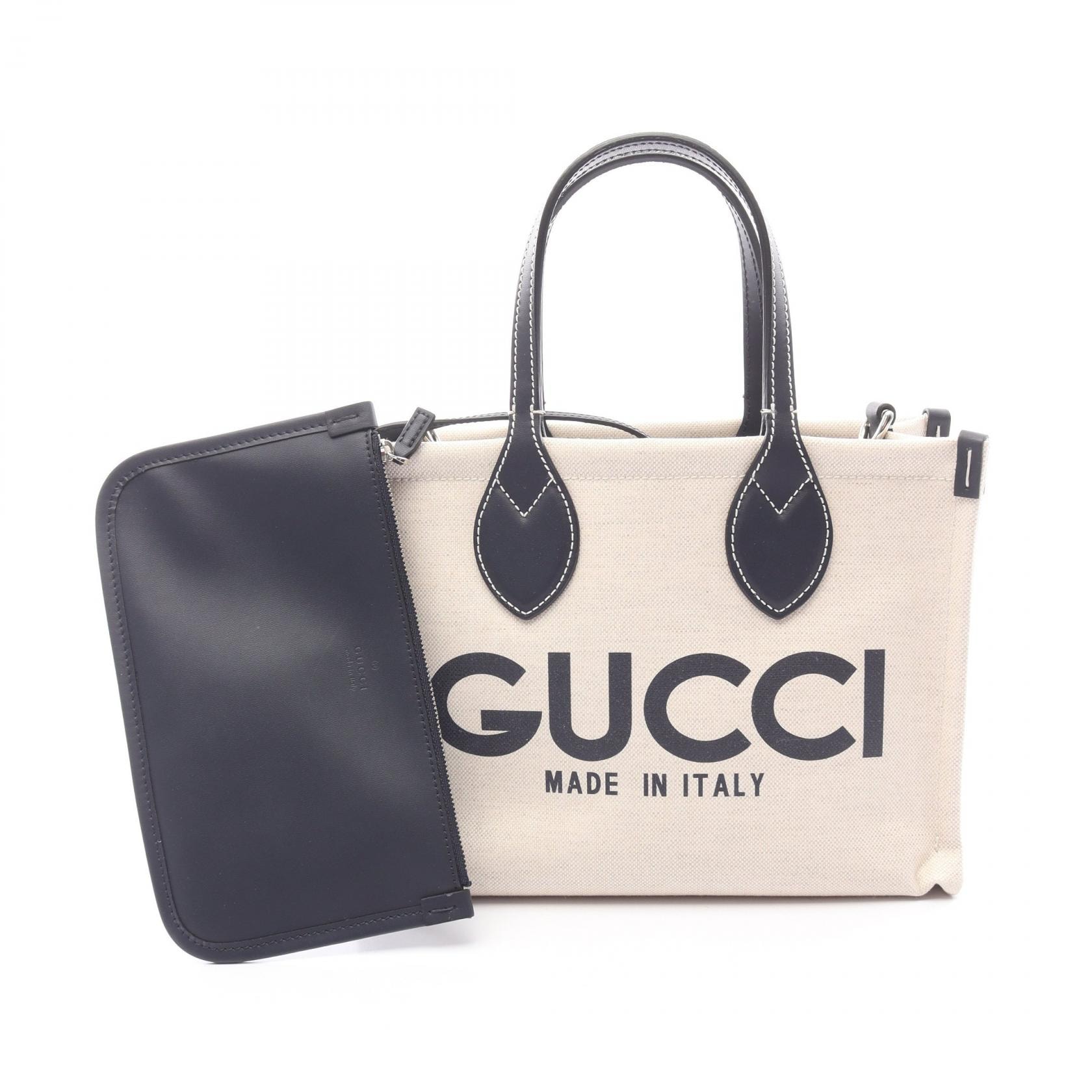 グッチ GUCCI プリント ミニ トートバッグ バッグ キャンバス レザー レディース アイボリー系 / ネイビー系 772144 【中古】