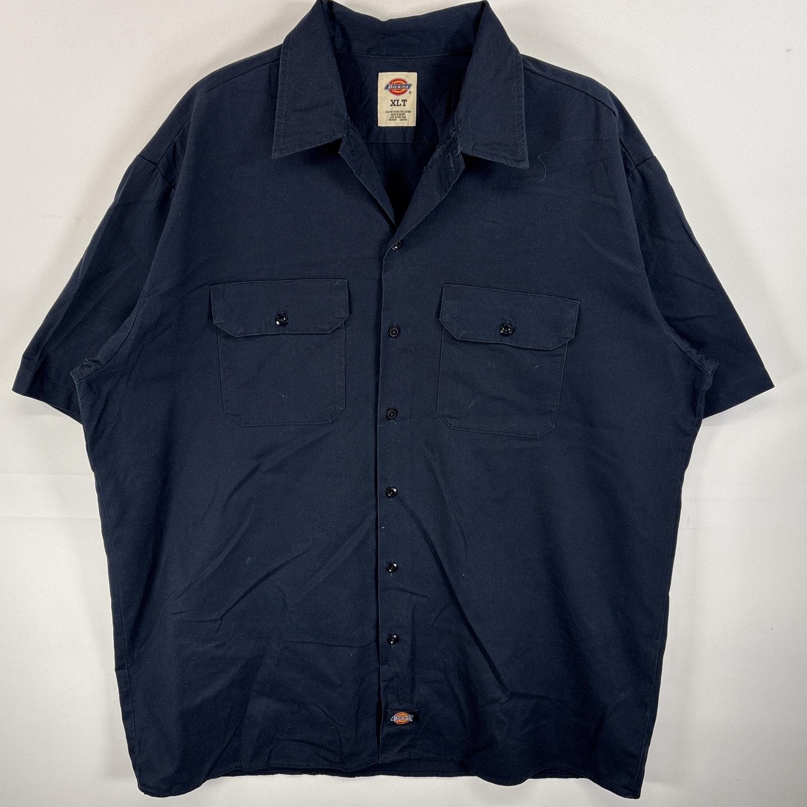 古着 ディッキーズ Dickies 半袖シャツ ワークシャツ フラップポケ ワンポイント ロゴ XLT ネイビー 無地 メンズ