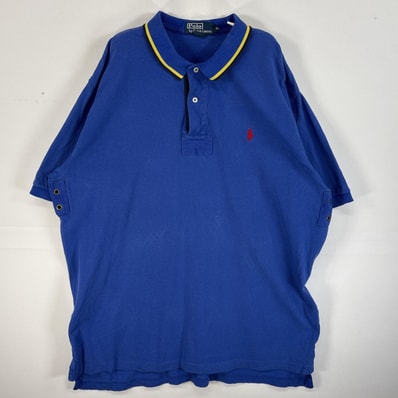 古着 90's/90年代 ポロバイラルフローレン Polo by Ralph Lauren 鹿の子 半袖 ポロシャツ ロゴ 刺繍 大きいサイズ ラガーシャツ風 襟切替 14041 ブルー系 無地 メンズ