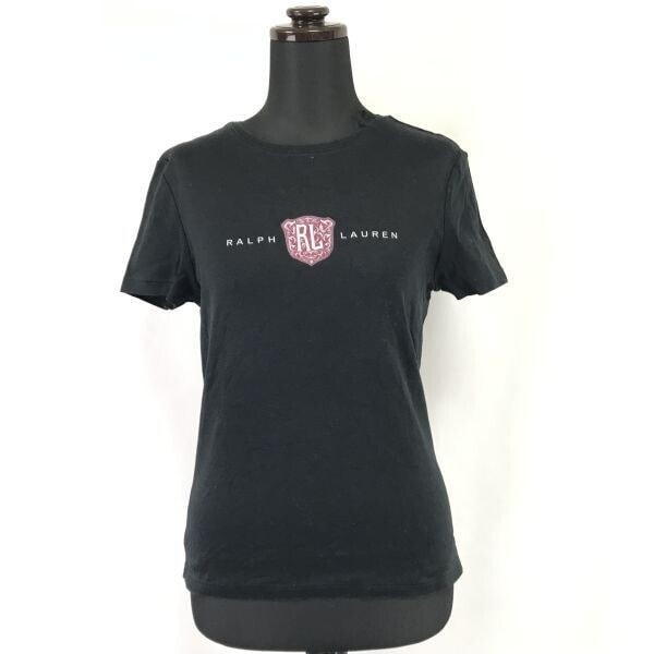 日本製★ラルフローレン/RALPH LAREN★半袖Tシャツ【レディースL/黒/black/ロゴプリント】ストレッチ/カットソー/Tops/Shirts◆TBH966
