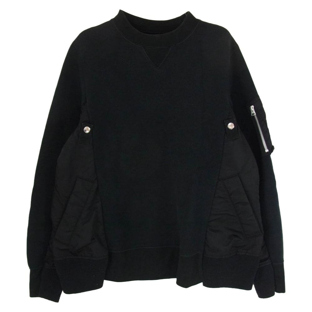 Sacai サカイ スウェット SCM-032 Sponge Sweat MA-1 Pullover 異素材ドッキング クルーネック スウェット トレーナー ブラック系 1【中古】