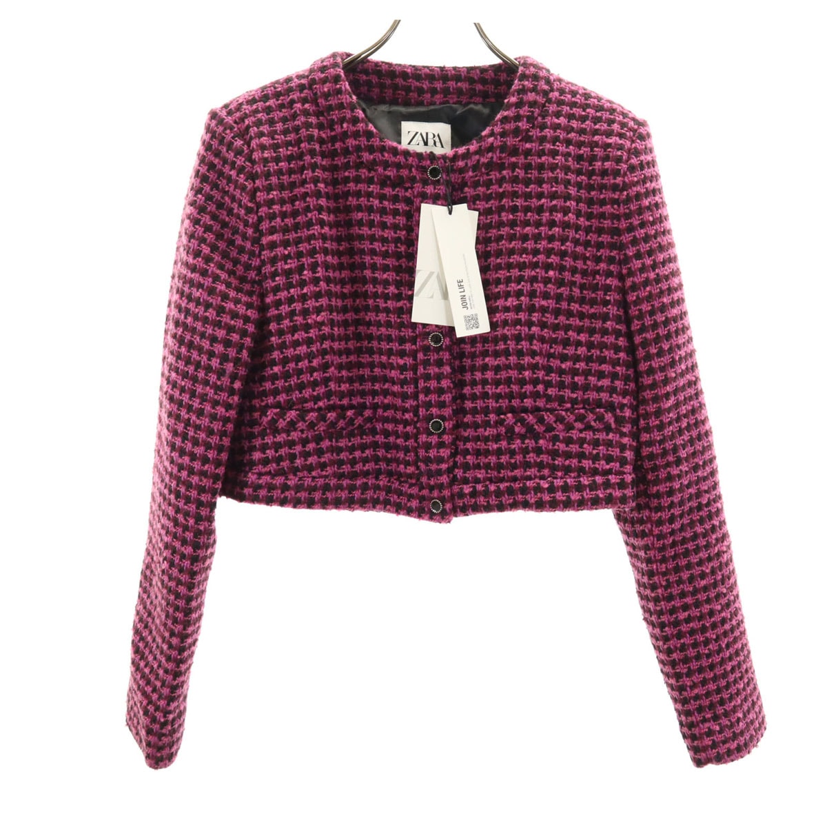 未使用 ZARA KNIT ザラニット ツイード ショート丈 ノーカラージャケット L パープルピンク系