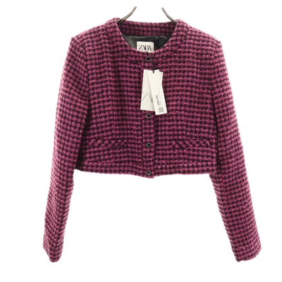 未使用 ZARA KNIT ザラニット ツイード ショート丈 ノーカラージャケット L パープルピンク系