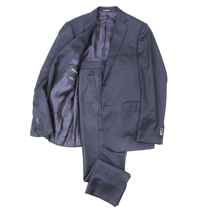 【SALE】Emporio Armani エンポリオ・アルマーニ スーツ セットアップ 2020年製 M LINE オルタネイトストライプ 2B テーラード ウール / シルク ジャケット スラックス メンズ 46/サイズ表記無 ネイビー 紺 ブルガリア製