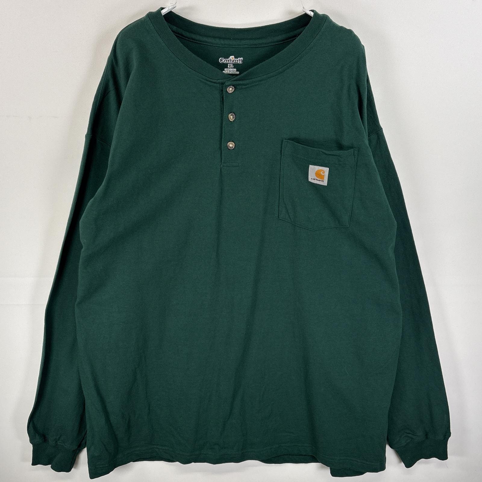 古着 カーハート Carhartt 長袖Tシャツ 肉厚 ヘンリーネック ワンポイント ロゴ XL グリーン 無地 メンズ
