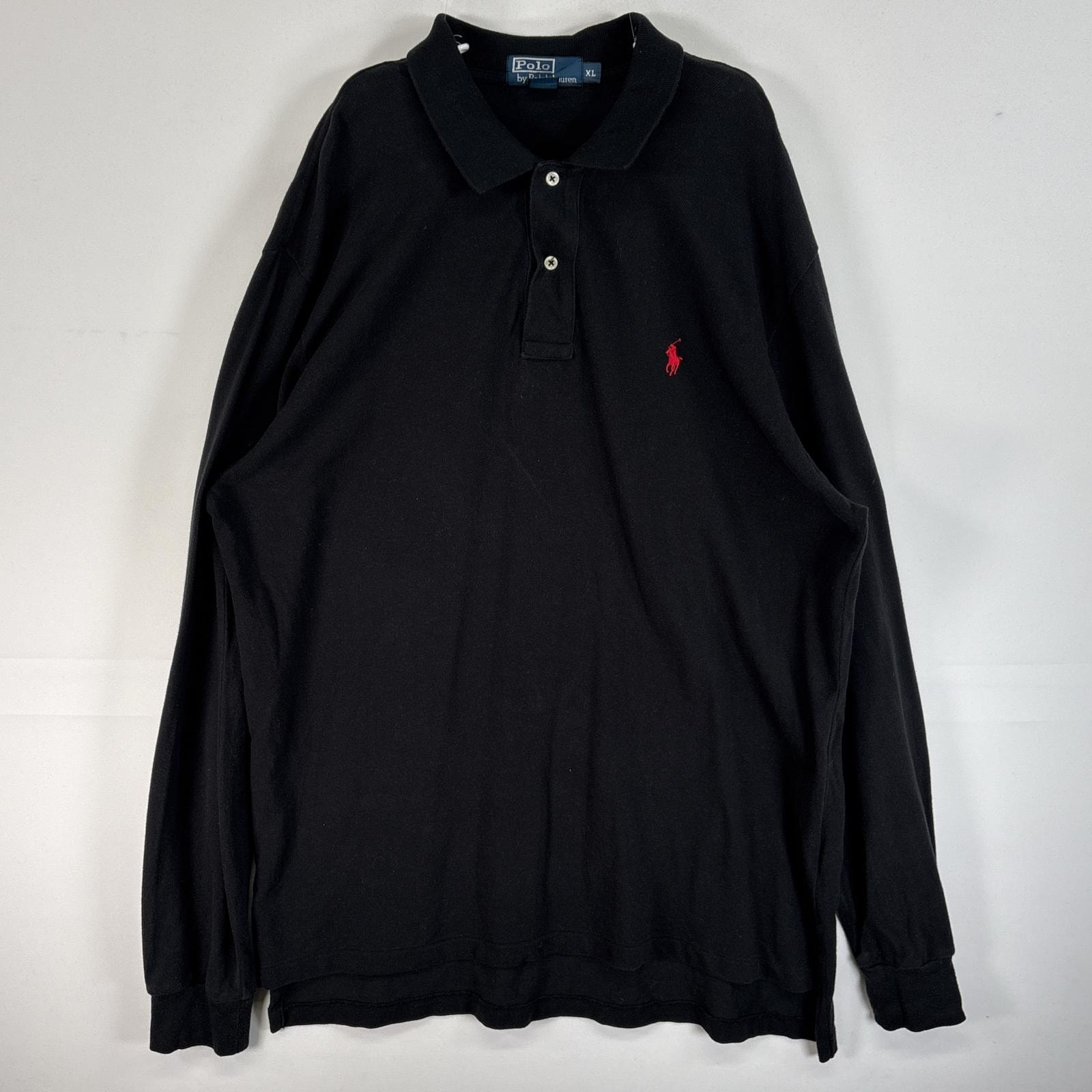 古着 90's/90年代 ポロバイラルフローレン Polo by Ralph Lauren 鹿の子 長袖 ポロシャツ ロゴ 刺繍 2ボタン 大きいサイズ XL  ブラック 無地 メンズ