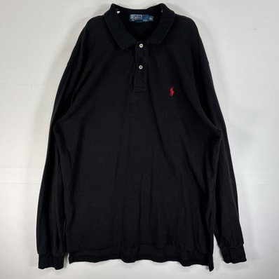 古着 90's/90年代 ポロバイラルフローレン Polo by Ralph Lauren 鹿の子 長袖 ポロシャツ ロゴ 刺繍 2ボタン 大きいサイズ XL ブラック 無地 メンズ