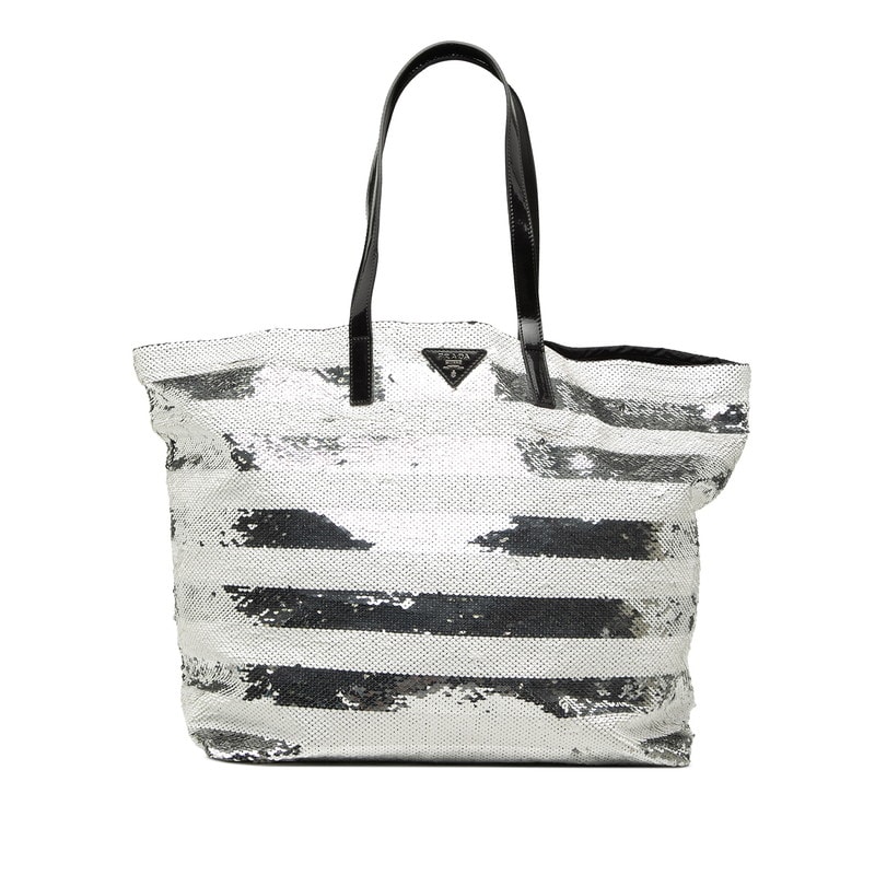 プラダ ロゴ トートバッグ ショルダーバッグ ホワイト シルバー スパンコール エナメル レディース PRADA 【中古】