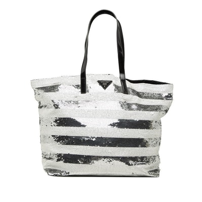 プラダ ロゴ トートバッグ ショルダーバッグ ホワイト シルバー スパンコール エナメル レディース PRADA 【中古】