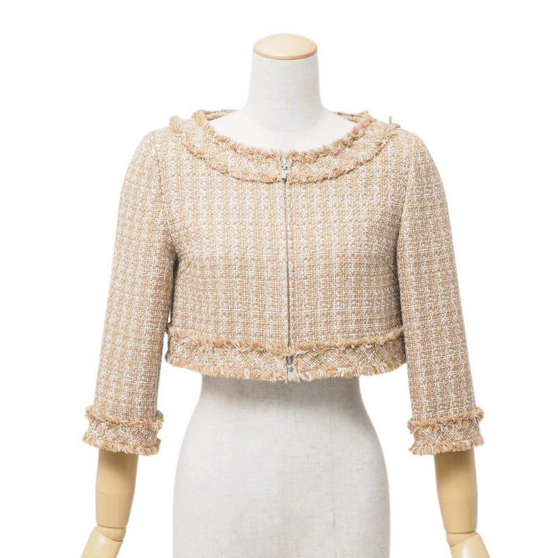 ■美品■FOXEY フォクシー ノーカラージャケット サイズ38 ツイード クロップド ジップアップ ジャケット ブランド古着【中古】20241230/RA2919