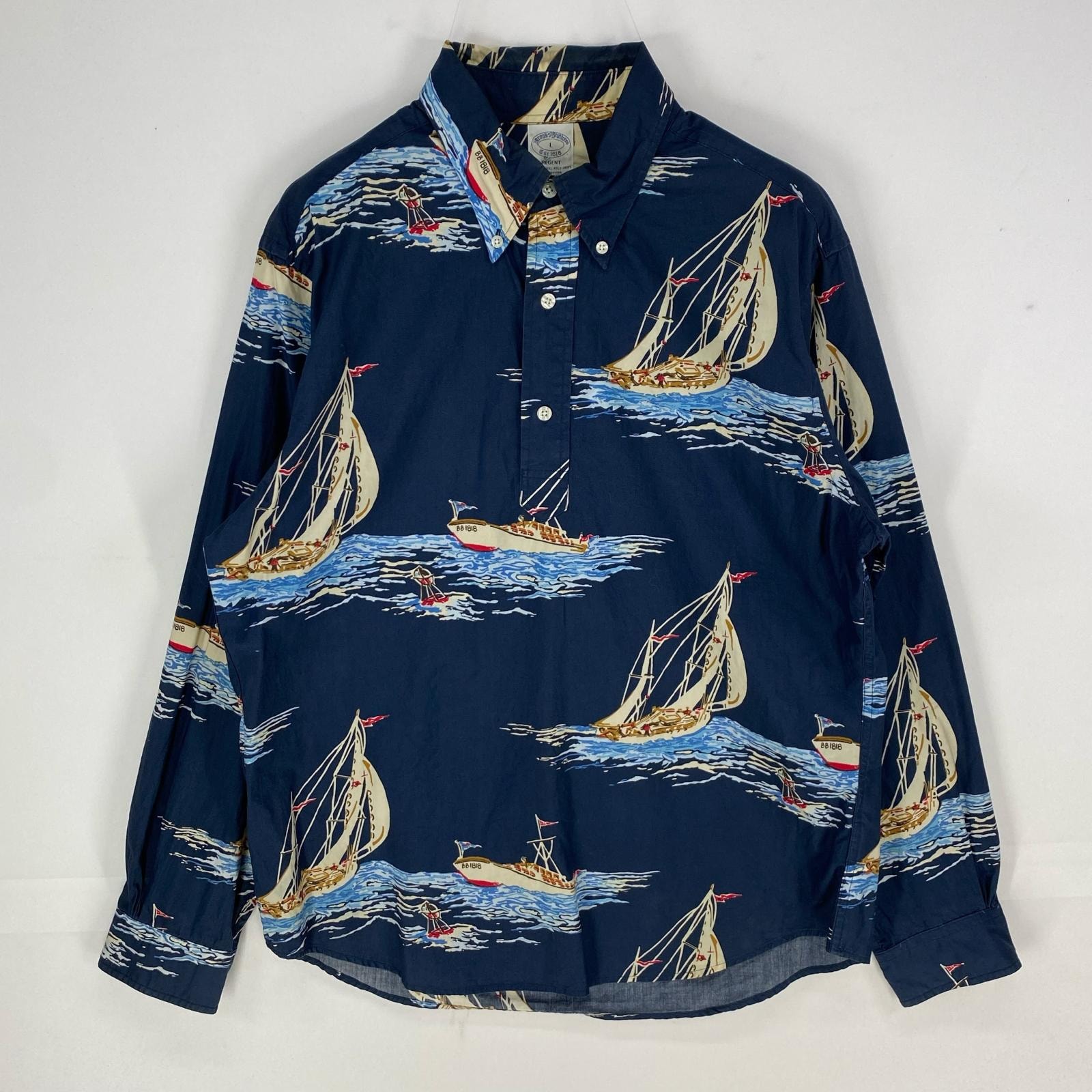 古着 ブルックスブラザーズ Brooks Brothers 長袖シャツ ハーフボタン ヨット 1818 ロングスリーブ L  ネイビー系 総柄 メンズ
