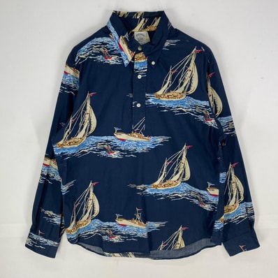 古着 ブルックスブラザーズ Brooks Brothers 長袖シャツ ハーフボタン ヨット 1818 ロングスリーブ L ネイビー系 総柄 メンズ