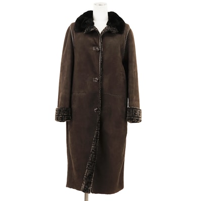 【極美品】FENDI フェンディ ファーコート サイズ 42 レディース シープ ミンクファーカラー レザー アウター ダークブラウン 茶色 イタリア製