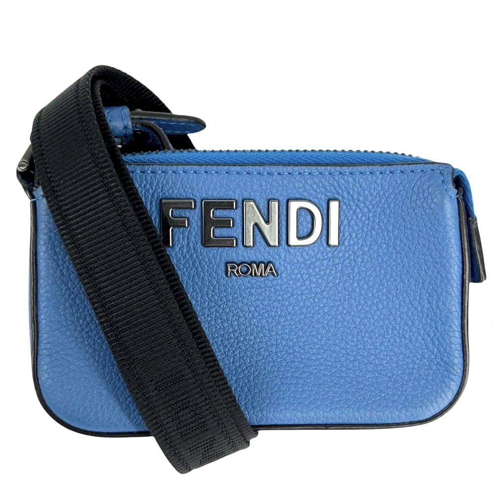 FENDI フェンディ ポーチ ショルダーポーチ メンズ レディース 7M0352 レザー    ブルー 青 ブラック金具 ユニセックス 美品【中古品】