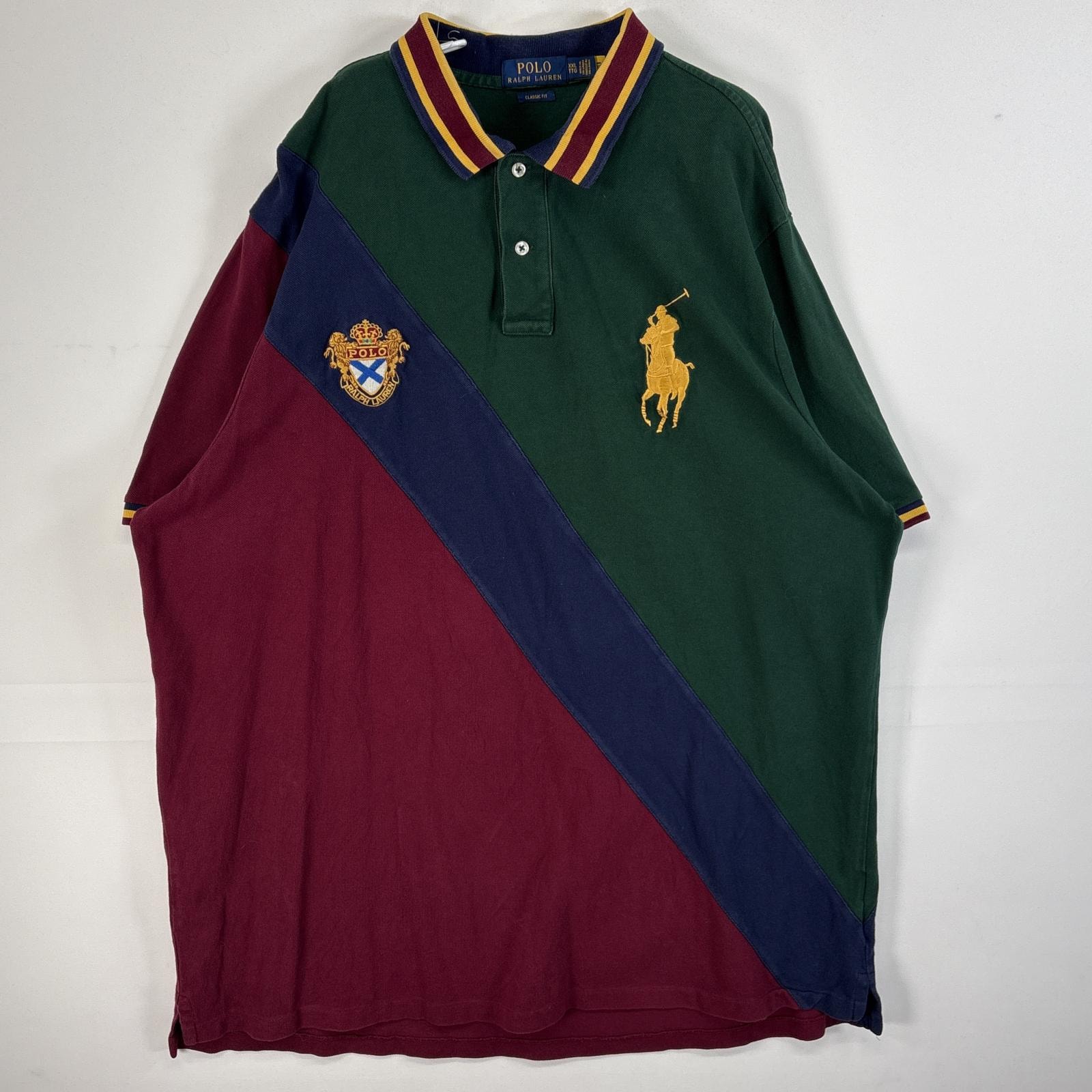 古着 ポロ・ラルフローレン POLO RALPH LAUREN 鹿の子 半袖 ポロシャツ ビッグポニー 大きいサイズ エンブレム 14041  ワインレッド系 マルチカラー メンズ