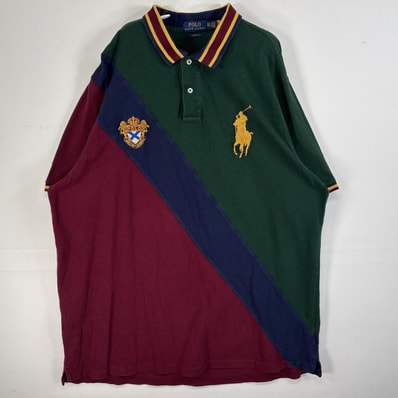 古着 ポロ・ラルフローレン POLO RALPH LAUREN 鹿の子 半袖 ポロシャツ ビッグポニー 大きいサイズ エンブレム 14041 ワインレッド系 マルチカラー メンズ