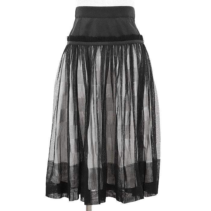 SALE【極美品】LOUIS VUITTON ルイ・ヴィトン チュール × プリーツスカート シルク100% ボトムス レディース サイズ 36 ブラック オフホワイト 黒 フランス製