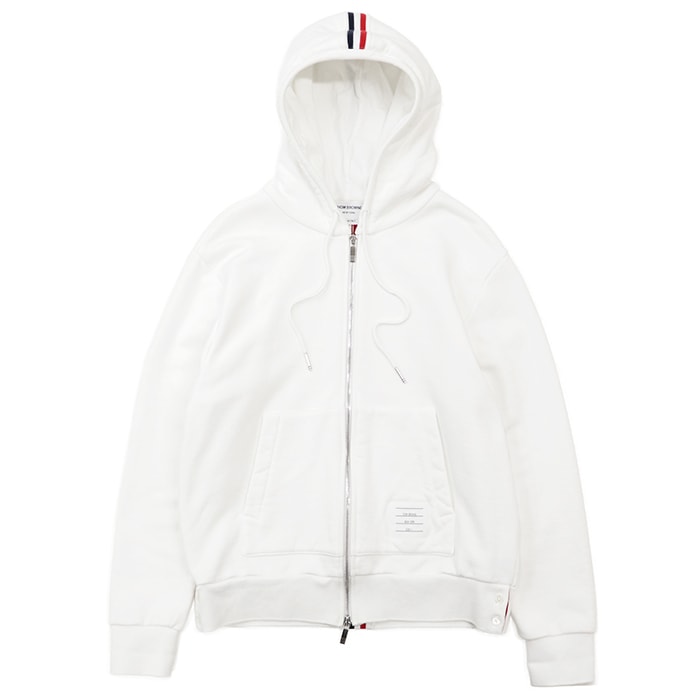 【SALE】THOM BROWNE トムブラウン ジップアップパーカー サイズ 1 メンズ シグネチャー トリコロール ストライプ ネームパッチ コットン100% ロングスリーブ 長袖 フーディー トップス ホワイト 白 イタリア製