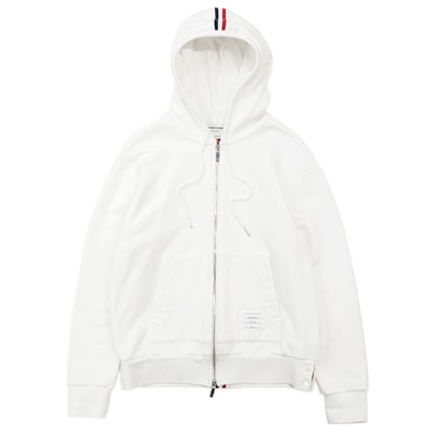 【SALE】THOM BROWNE トムブラウン ジップアップパーカー サイズ 1 メンズ シグネチャー トリコロール ストライプ ネームパッチ コットン100% ロングスリーブ 長袖 フーディー トップス ホワイト 白 イタリア製