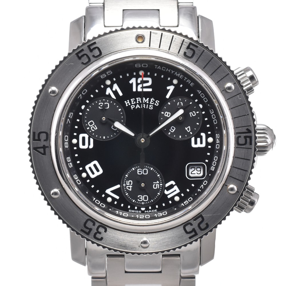 エルメス HERMES CL2.310 クリッパー ダイバー クロノグラフ ブラック クォーツ レディース 良品 腕時計 O#150811