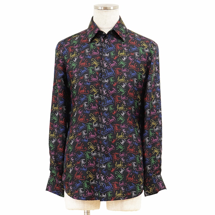 【極美品】FENDI フェンディ 長袖シャツ サイズ 38 メンズ スクリプト シルク100%サテン FFロゴ ロングスリーブトップス ブラック マルチカラー 黒 イタリア製