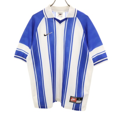 NIKE ナイキ 90s 00s 英国製 白タグ オールド ボーダー柄 5分袖 ユニフォーム L ブルー系