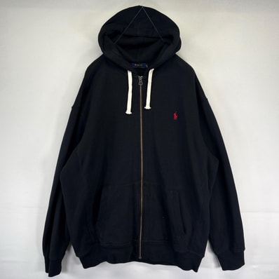 古着 ポロ・ラルフローレン POLO RALPH LAUREN パーカー フルジップ 裏地サーマル ワンポイントロゴ 2XL ブラック系 メンズ