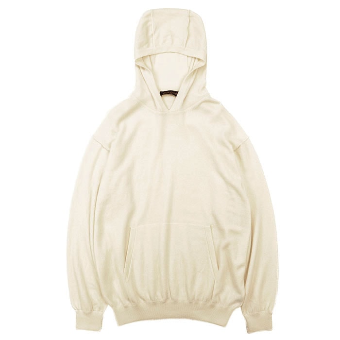 【美品】LOUIS VUITTON ルイ・ヴィトン ニット パーカー サイズ XXL メンズ 2019AW ロゴ プレート ロングスリーブ カシミヤ/シルク/ナイロン フーディー トップス アイボリー イタリア製
