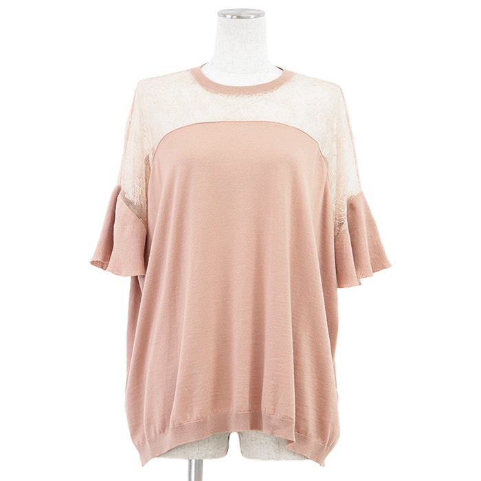 美品 ヴァレンチノ ニット 花柄レース コンビネーション 半袖 ニット レディース ピンクベージュ S Valentino