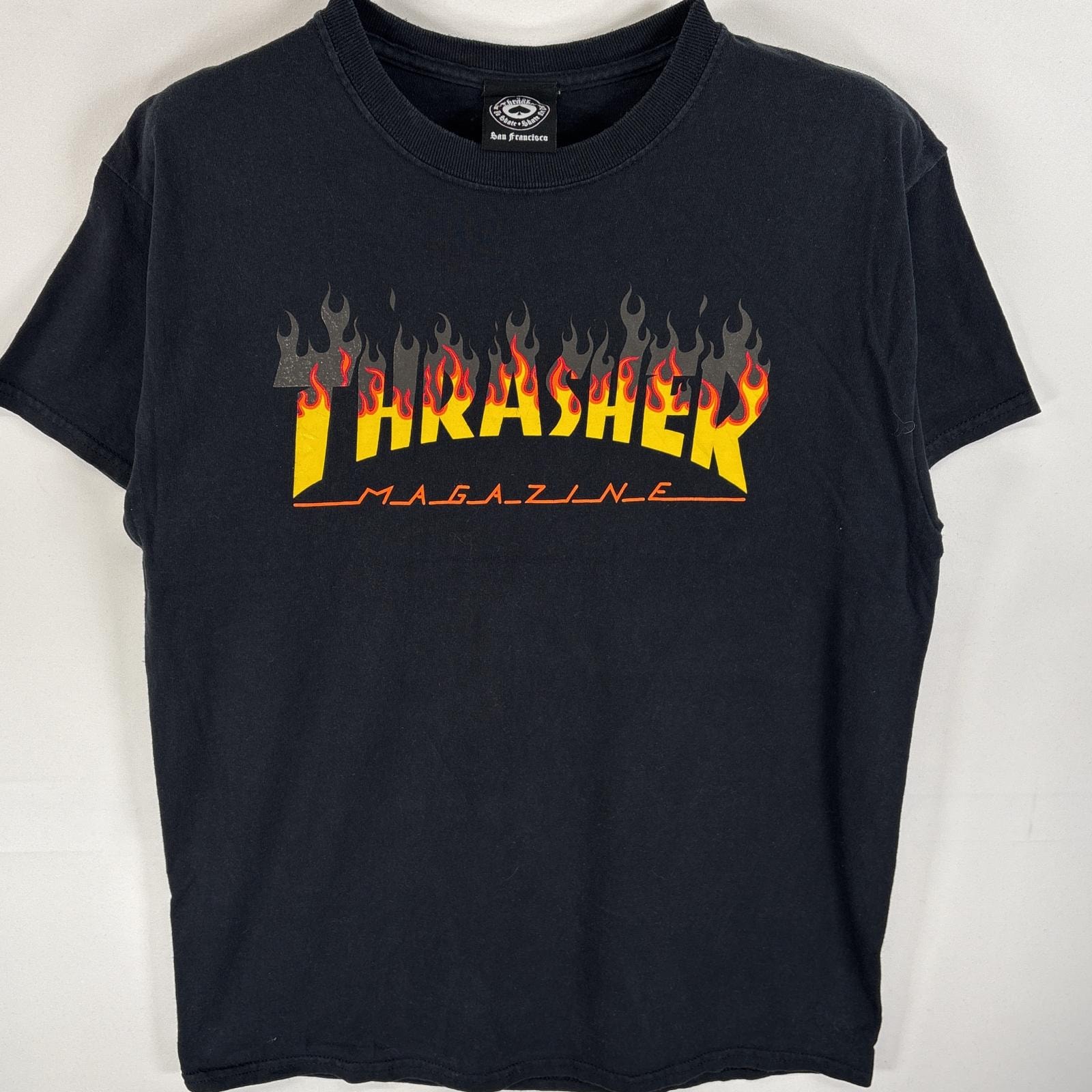 古着 スラッシャー THRASHER 半袖Tシャツ ラバーロゴプリント ファイヤーデザイン スケボー M  ブラック系 メンズ