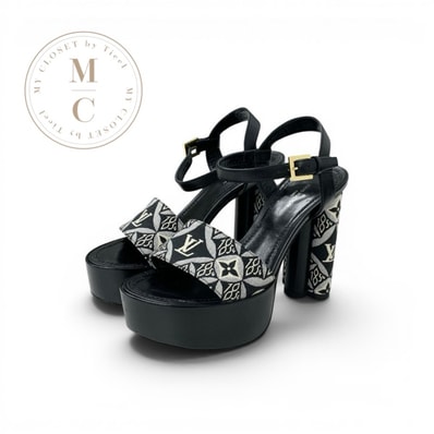ルイヴィトン LOUIS VUITTON ポディウムライン モノグラム サンダル 靴 シューズ ファブリック レザー ブラック ホワイト LVロゴ プラットフォーム ストラップ