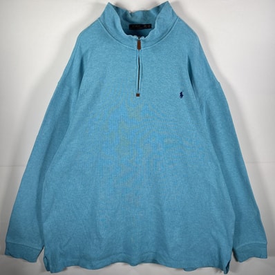 古着 ポロ・ラルフローレン POLO RALPH LAUREN コットンニット ワンポイントロゴ刺繍 ハーフジップ ビッグサイズ 4XLT 水色 メンズ