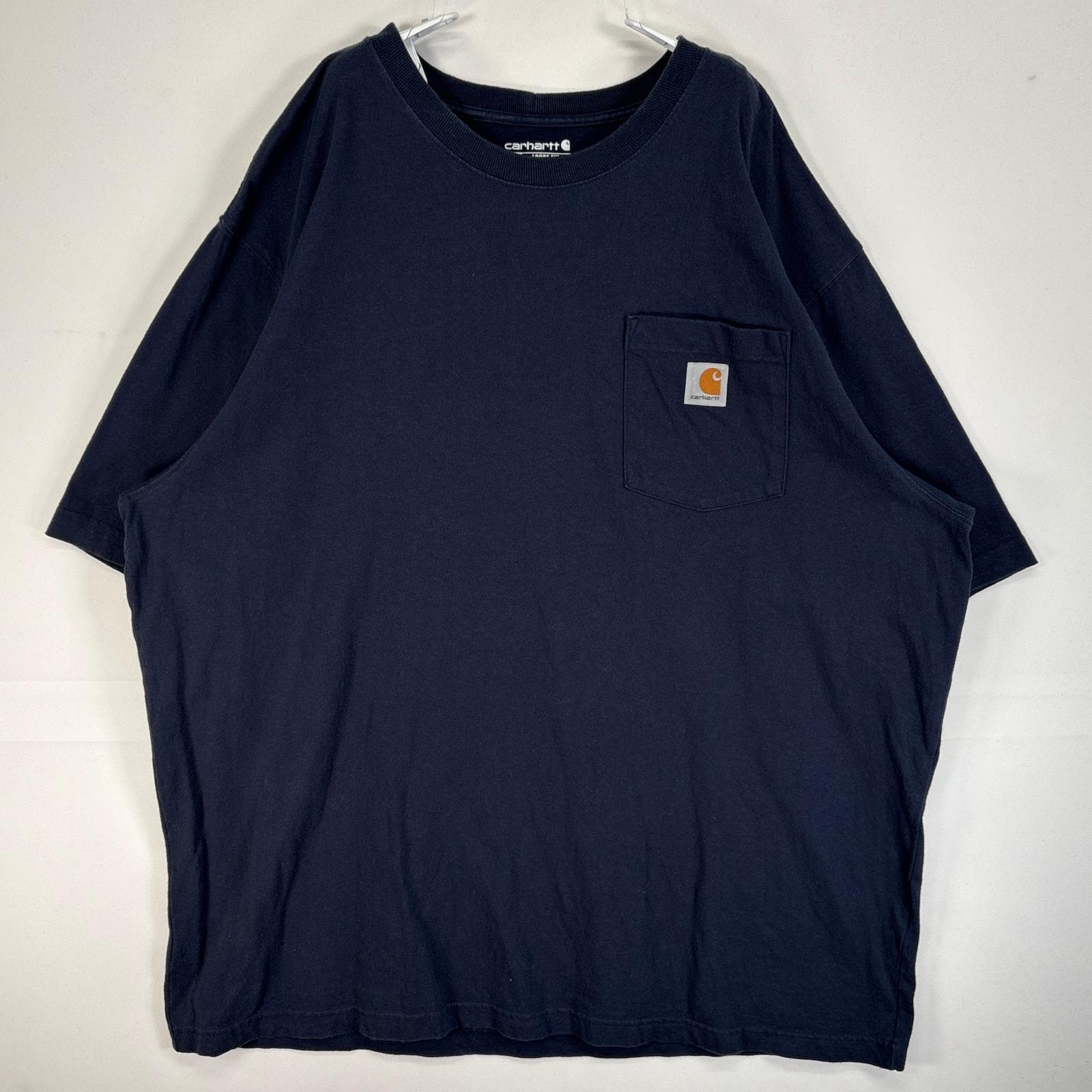 古着 カーハート Carhartt 半袖Tシャツ 大きいサイズ 肉厚 ワンポイント ロゴ 胸ポケ XL  ネイビー系 無地 メンズ