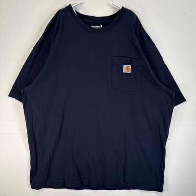古着 カーハート Carhartt 半袖Tシャツ 大きいサイズ 肉厚 ワンポイント ロゴ 胸ポケ XL ネイビー系 無地 メンズ