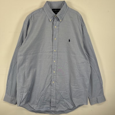 古着 ラルフローレン RALPH LAUREN 長袖シャツ ボタンダウンシャツ ワンポイント ロゴ 刺繍 16 L ブルー 無地 メンズ