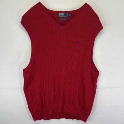 古着 ポロバイラルフローレン Polo by Ralph Lauren コットンニットベスト 大きいサイズ ケーブルニット ワンポイント 14041 レッド メンズ