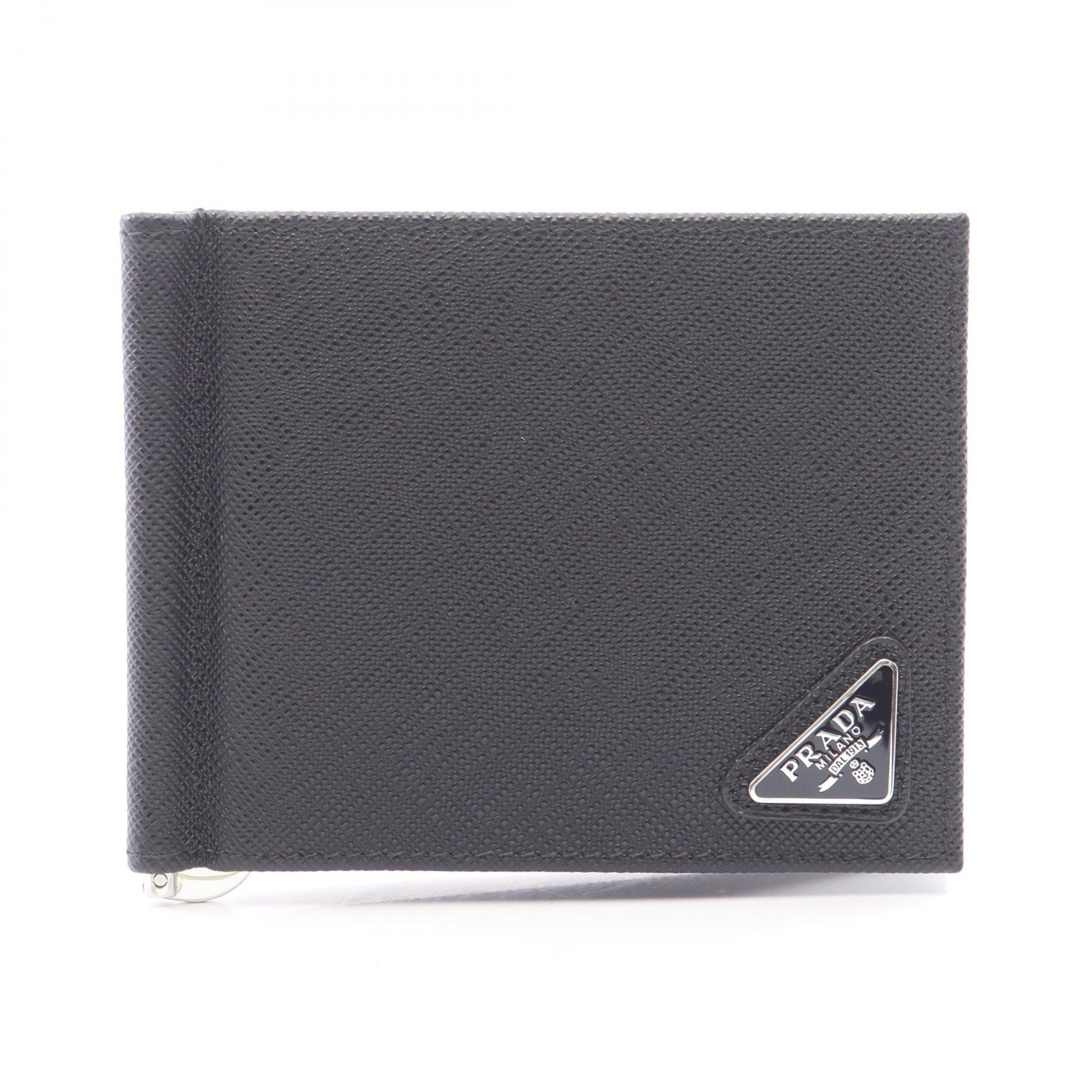 プラダ PRADA SAFFIANO TRIANG マネークリップ付き 札入れ 財布 サフィアーノレザー メンズ ブラック系 2MN077 【中古】