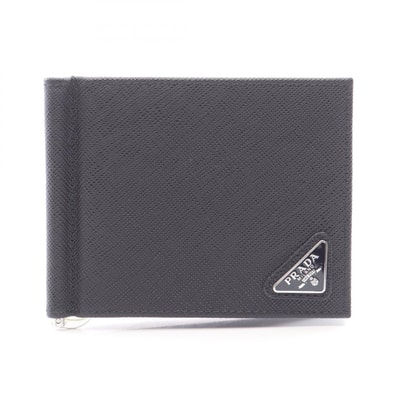 プラダ PRADA SAFFIANO TRIANG マネークリップ付き 札入れ 財布 サフィアーノレザー メンズ ブラック系 2MN077 【中古】